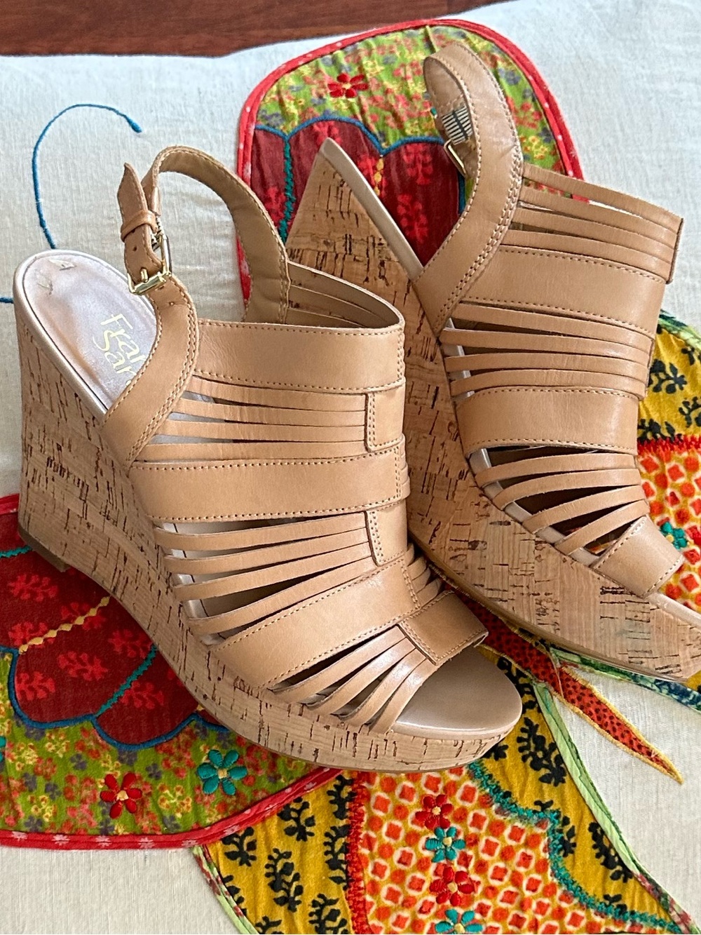Franco Sarto Tan Strappy Cork Wedge Sandals vTG Y2K
